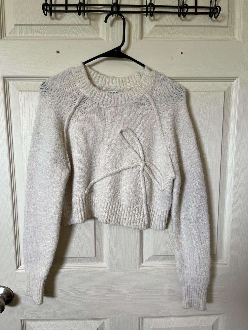 American Eagle Outfitters Cream Cropped Crewneck Sweater with Front Tie